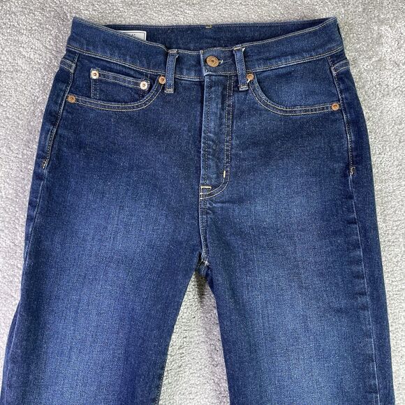 Gap Jeans Women’s 27 Blue 70’s Flare High Rise Dark Wash Slim Fit Raw Hem - Picture 2 of 9